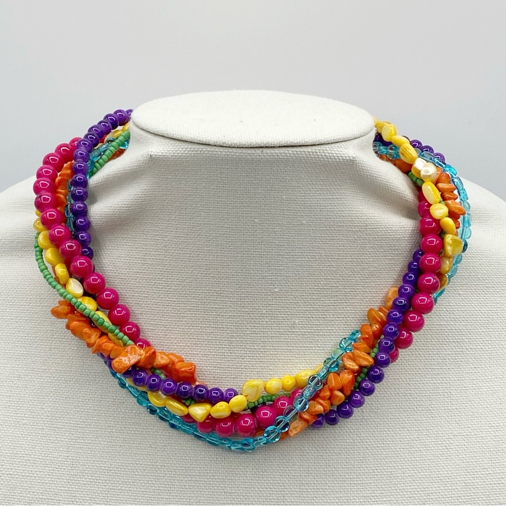 Colorful Multi-Strand Chunky Glass Beaded Necklace - Picture 3 of 7